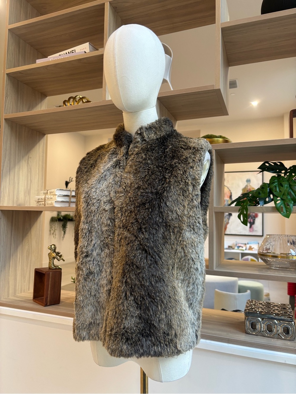 Women's Brown Faux Fur Vest - Sleeveless Plush Layering Piece
